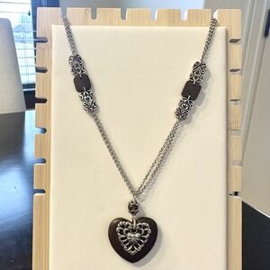 Retired Brighton Wood Heart Pendant Necklace Silver Plated Filigree 33"